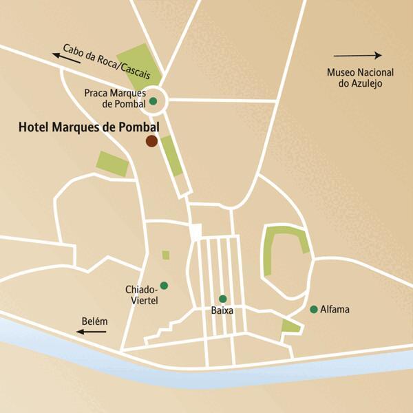 Die Karte zeigt die Innenstadt von Lissabon und wichtige Punkte unserer Silvesterreise für Singles und Alleinreisende, wie das Hotel Marques de Pombal, Baixa, Alfama, Chiado.