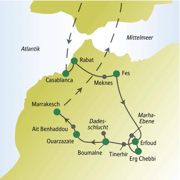 Unsere Rundreise durch Marokko startet in Casablanca, führt uns u.a. über Rabat, Fes, Erfoud, Boumalne bis nach Marrakesch.