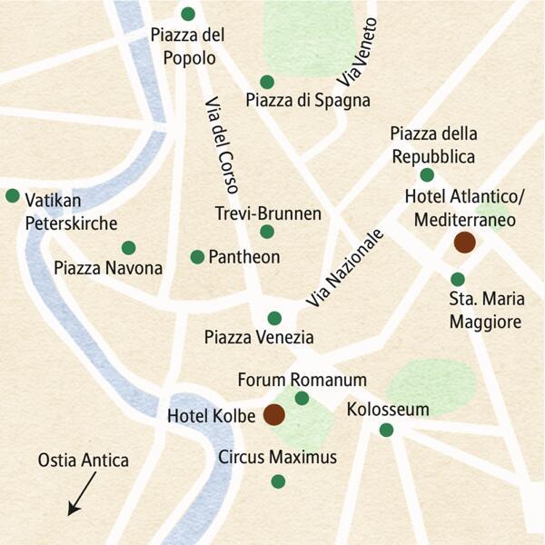 Der Stadtplan von Rom mit den wichtigsten Sehenswürdigkeiten unserer Familien-Studienreise, wie z.B. Forum Romanum, Vatikan, Kolosseum und Pantheon.