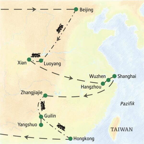 Bei der umfassenden Studienreise nach China von Studiosus sind u.a. Beijing, Xian, Luoyang, Shanghai, Wuzhen, Hangzhou, Zhangjiajie, Guilin, Yangshuo und Hongkong Stationen.