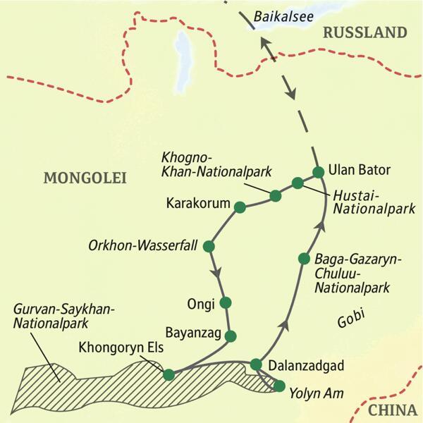 Die spannende Route dieser Expeditionsreise beginnt in der mongolischen Hauptstadt Ulan Bator, führt dann ins legendenumwobene Karakorum und ins Orkhon-Tal, später in den Süden in den Gurvan-Saykhan-Nationalpark und zur Wüste Gobi.