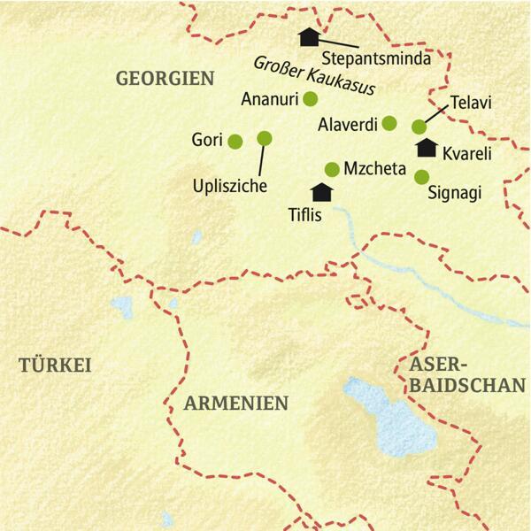 Unsere Rundreise in kleiner Gruppe startet in Tiflis, führt über Stepantsminda und Kvareli. Auch sehen wir die Klosterfestung Ananuri.