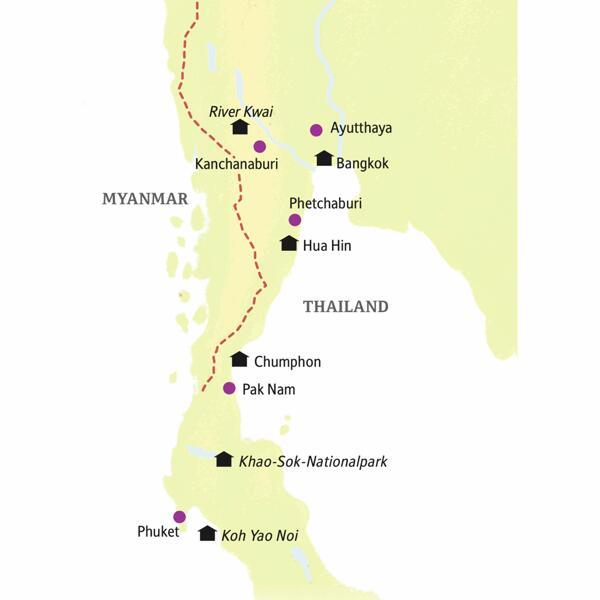 14 Tage Südthailand mit Studiosus-Reiseleiter und in kleiner Gruppe: Übernachtungen in Bangkok, im Regenwald am River Kwai und im Khao-Sok-Nationalpark und zum Abschluss auf der Trauminsel Koh Yao Noi.