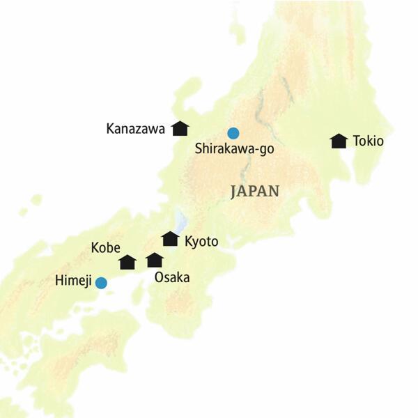 Die Reiseroute dieser smart & small-Rundreise durch Japan führt von Osaka über Kobe, Kyoto und Kanazawa schließlich nach Tokio.