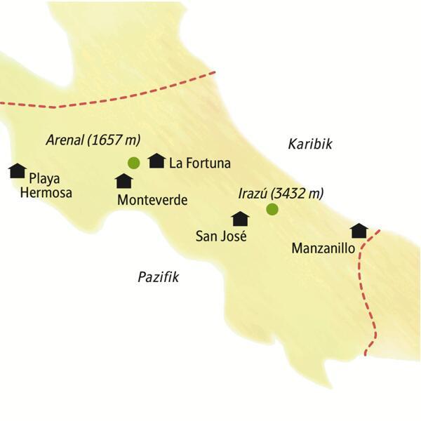 Unsere Reiseroute durch Costa Rica startet in San José und führt zunächst nach Manzanillo an die Karibikküste, danach über La Fortuna und Monteverde und schließlich an den Pazifik an die Playa Hermosa.
