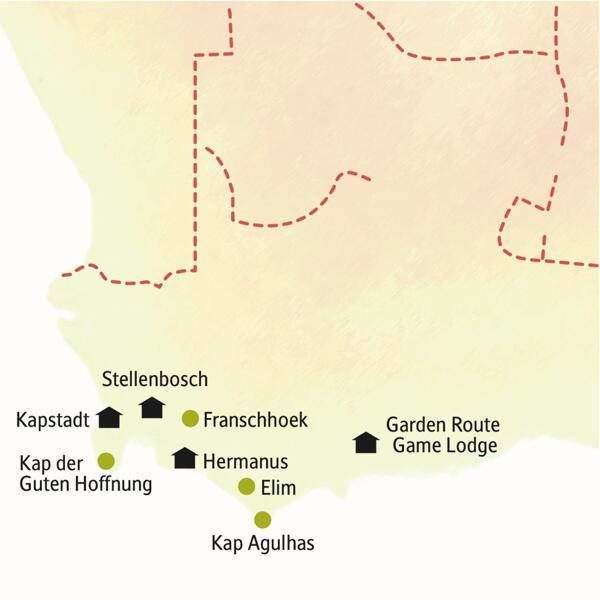 Stationen dieser Studiosus-Rundreise in kleiner Gruppe durch Südafrika sind Kapstadt, die Garden Route, Hermanus und Stellenbosch.