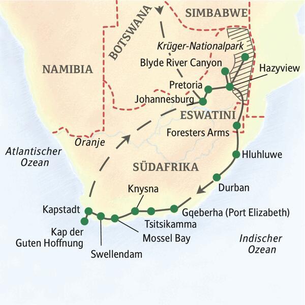 Unsere Reiseroute durch Südafrika startet in Johannesburg und führt über den Krüger-Nationalpark, Pretoria, Hazyview, Durban, Knysna und Mossel Bay bis nach Kapstadt.