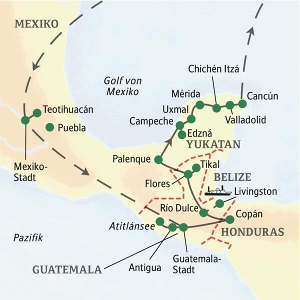 Die Reiseroute der umfassenden 21-tägigen Studienreise durch Mexiko und Guatemala startet in Mexiko-Stadt und führt nach Guatemala mit dem Atitlánsee, Antigua sowie Tikal und wieder zurück nach Mexiko über die Halbinsel Yukatan bis nach Cancún. Ein Abstecher nach Copán in Honduras ist auch dabei.