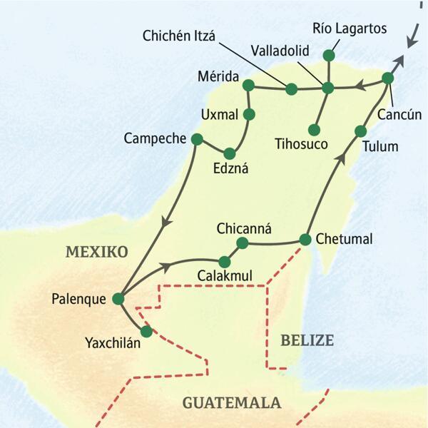 Unsere Reiseroute durch Mexiko startet in Cancún und führt über Chichén Itzá, Uxmal, Campeche, Palenque, Calakmul und Chetumal zurück zu unserem Ausgangspunkt. Auf Ausflügen erleben Sie auch authentische Mayakultur in Tihosuco, entdecken Yaxchilán und unternehmen Bootsfahrten im Biosphärenreservat Ría Lagartos und auf der Lagune von Bacalar.