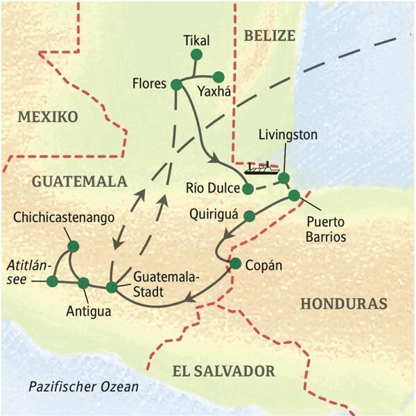 Unsere Studienreise durch Guatemala startet in Antigua, führt zum Atitlánsee, nach Chichicastenango, Tikal und Livingston sowie mit einem Abstecher nach Copán in Honduras in die Hauptstadt Guatemala-Stadt.