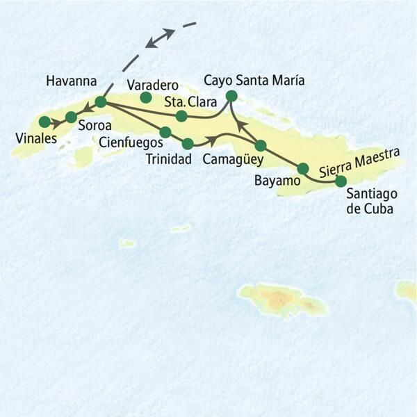 Die wichtigsten Stationen der 16-tägigen umfassenden Studienreise durch Kuba: Havanna, Vinales, Cienfuegos, Trinidad, Santiago de Cuba und Cayo Santa María.
