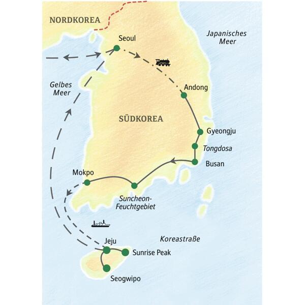 Unsere Reiseroute durch Südkorea startet in Seoul und führt über Andong, Busan, das Suncheon-Feuchtgebiet zurück nach Seoul. Auch die Insel Jeju erleben Sie auf dieser Studienreise.