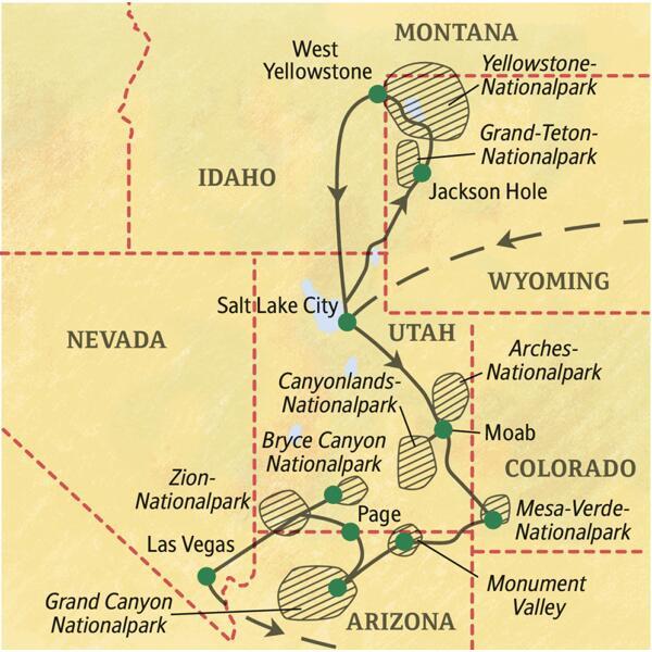 Die Route dieser Rundreise führt in 17 Tagen von Salt Lake City zum Yellowstone-Nationalpark und durch die Canyonlandschaften Utahs weiter zum Monument Valley und zum Grand Canyon. Die Studienreise endet spektakulär in Las Vegas.