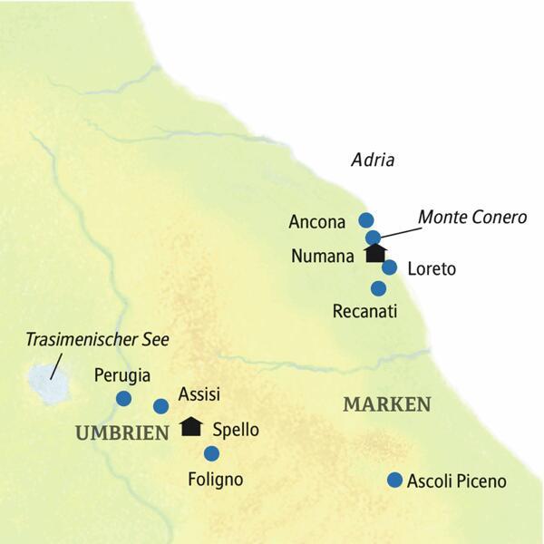 Bei unserer Rundreise in kleiner Gruppe durch Umbrien und die Marken führt uns die Route von Spello über Assisi, Perugia, Ancona und Loreto nach Numana ans Meer.