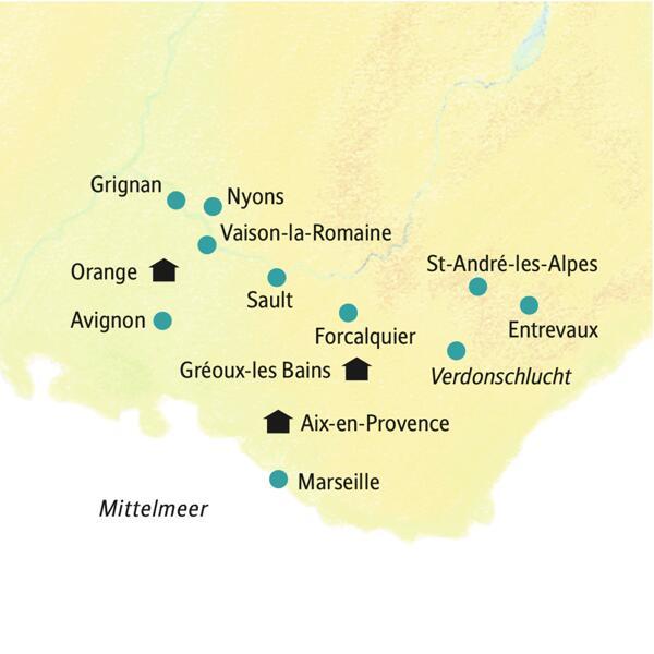 Auf dieser smart&small-Rundreise in die Hochprovence wohnen wir in Aix-en-Provence, Gréoux-les Bains und Orange. Von dort aus unternehmen wir entspannte Ausflüge in die teils zauberhafte, teils wildromantische Bergwelt. Auf Wunsch auch mit Ausflug nach Avignon, die Stadt der Päpste.