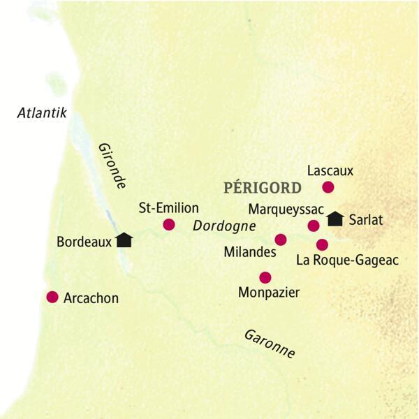 Von zwei Standorten aus - in Bordeaux und bei Sarlat - erkunden wir auf unserer smart&small-Rundreise die Region rund um Bordeaux und das Périgord, dabei u. a. Lascaux, St-Emilion, Milandes.