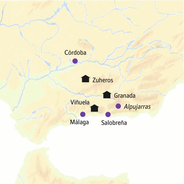 Unsere Stationen auf der Studiosus-Rundreise durch Andalusien in kleiner Gruppe sind Viñuela, Zuheros und Granada. Wir unternehmen Ausflüge nach Málaga, ans Mittelmeer in Salobreña, nach Córdoba und in die Alpujarras.