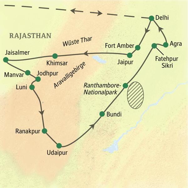 Die Karte zeigt den Verlauf der Studienreise Rajasthan - mit Flair: Delhi, Jaipur, Khimsar, Jaisalmer, Jodhpur, Luni, Ranakpur, Udaipur, Bundi, Ranthambore-Nationalpark, Fatehpur Sikri, Agra.