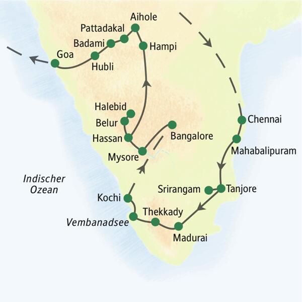 Reiseroute der umfassenden Studienreise durch Südindien: Nach Ankunft in Chennai Fahrt nach Mahabalipuram. Von dort Richtung Süden nach Tanjore, Srirangam, Madurai, dann durch Kerala von Thekkady über den Vembanadsee nach Kochi, im Anschluss durch Karnataka, Mysore, Chikmagalur, Hampi und Badami nach Goa