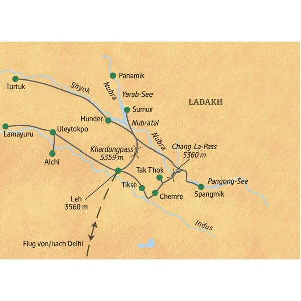 Die Studiosus-Expeditionsreise Ladakh - Höhepunkte im Himalaya beginnt in Delhi und führt über Leh, Uleytokpo, das Nubratal, den Pangong-See und Tikse wieder zurück nach Leh.