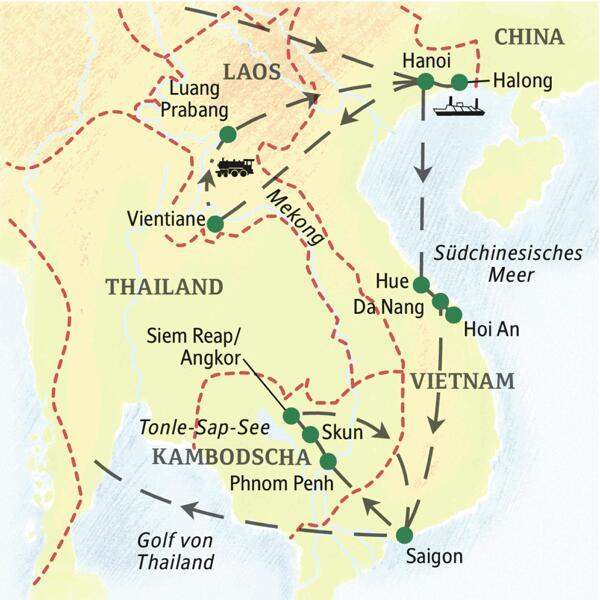 Unsere Reiseroute führt auf dieser 20-tägigen Studienreise nach Laos, Vietnam und Kambodscha und zu allen Höhepunkten der Länder. Blicken Sie mit Ihrer Studiosus-Reiseleiterin hinter den Bambusvorhang und entdecken Sie den Zauber Indochinas!