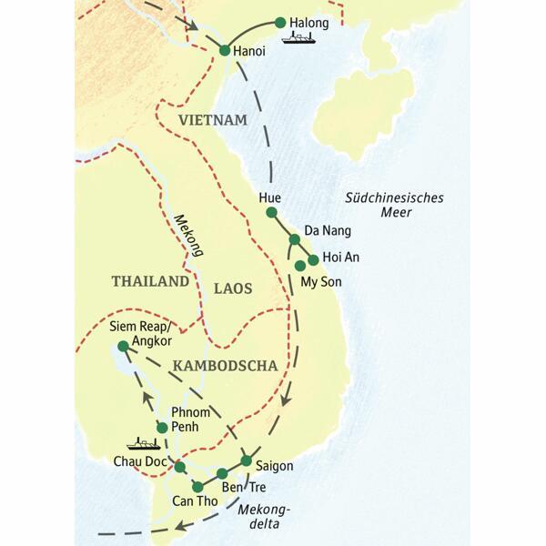 Die wichtigsten Stationen dieser 18-tägigen Studienreise durch Vietnam und Kambodscha sind Hanoi, Halongbucht, Hue, Hoi An, Saigon, Mekongdelta, Phnom Penh und Angkor Wat.