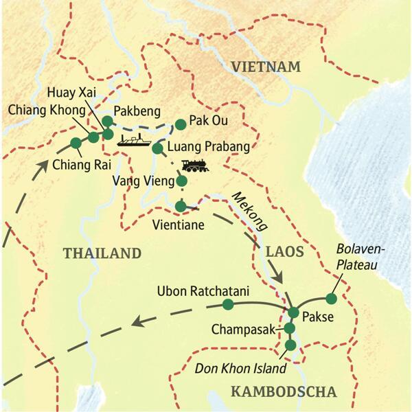 Laos auf einer Studienreise von Nord nach Süd erleben: Gehen Sie an Bord unseres Mekongschiffes nach Luang Prabang und genießen Sie in Südlaos Ihre Lodge am Mekong!