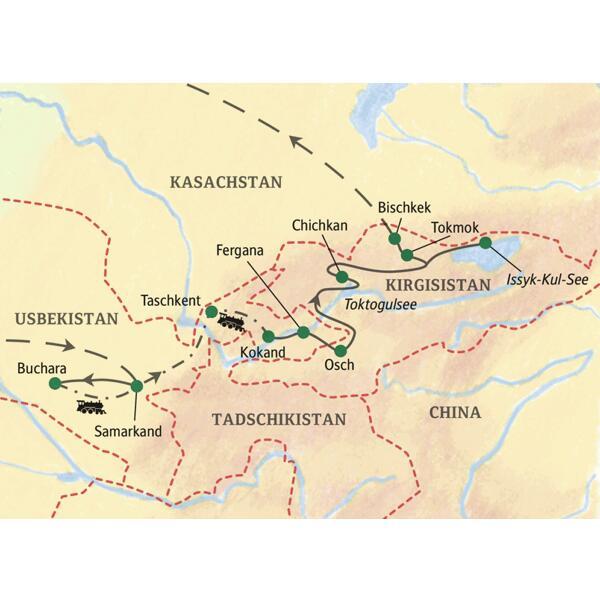 Unsere15-tägige Studienreise startet in Samarkand, führt über Taschkent, Osch und Tokmok bis nach Bischkek. Sie erleben die Seidenstraße im Wandel der Zeit.