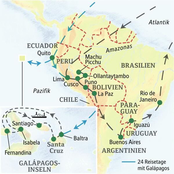 Unsere Reiseroute auf dieser Studienreise durch Südamerika startet in Lima, führt über Ollantaytambo, Cusco, Puno, Buenos Aires und Iguazú bis nach Rio de Janeiro. Und wer mag, besucht zuvor die Galápagos-Inseln.