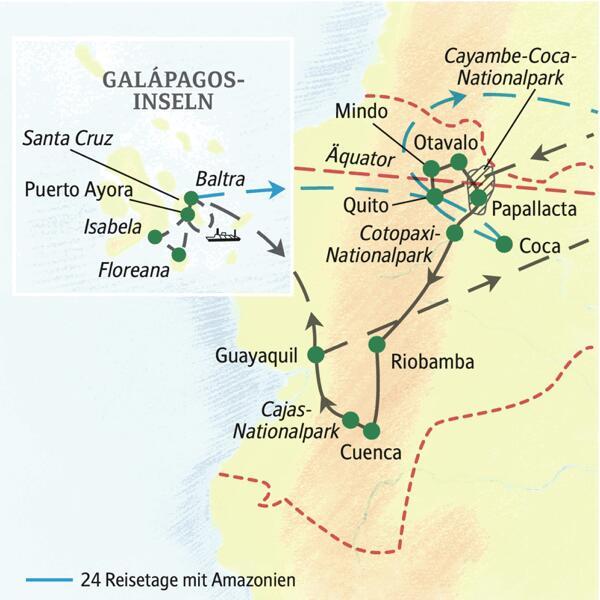 Die Reiseroute unserer Naturerlebnis-Studienreise durch Ecuador startet in Quito und führt über Mindo, Otavalo, Papallacta, Riobamba und Cuenca nach Guayaquil und von dort auf die Galápagos-Inseln Santa Cruz, Floreana und Isabela. - Und wenn Sie verlängern möchten auch in den Regenwald von Amazonien!