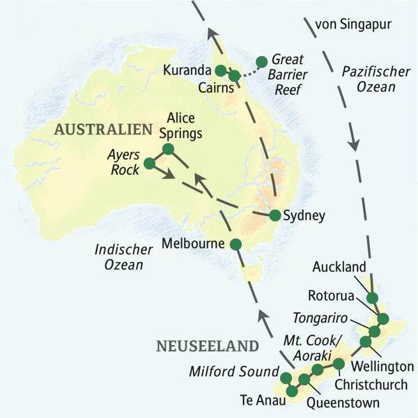 Die Karte zeigt den Verlauf unserer Studienreise Australien-Neuseeland - zum Kennenlernen: Auckland, Rotorua, Tongariro, Wellington, Christchurch, Queenstown, Te Anau, Milford Sound, Melbourne, Alice Springs, Ayers Rock (Uluru), Sydney, Cairns, Kuranda.