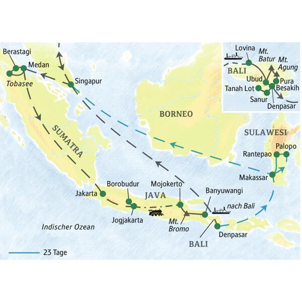 Indonesien umfassend bereisen: die Höhepunkte der Inseln Sumatra, Java und Bali erleben - auf Wunsch mit Verlängerung auf Sulawesi.