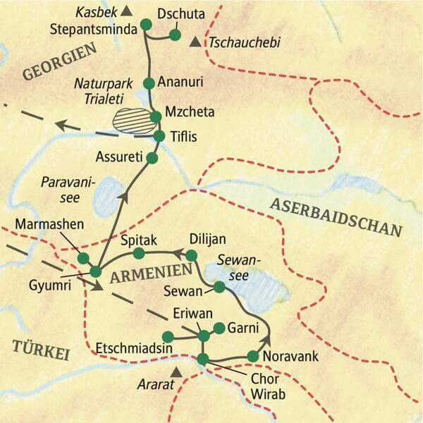 Unsere Reiseroute durch Armenien und Georgien startet in Eriwan und führt über Dilijan und Gyumri bis nach Tiflis. Auch Sewansee und Stepantsminda erleben wir auf unserer 14-tägigen Wander-Studienreise.