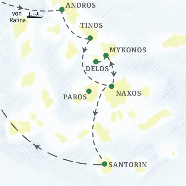 Auf dieser 13-tägigen Studienreise können Sie die Kykladeninseln Andros, Tinos, Mykonos, Delos, Naxos und Santorin kennenlernen sowie auf Wunsch auch Paros.