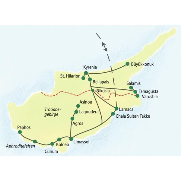 Unsere zehntägige Studienreise durch Zypern führt Sie zu den wichtigsten Sehenswürdigkeiten der drittgrößten Mittelmeerinsel, zum Beispiel die Bergfestung St. Hilarion, Famagusta, Larnaca und Paphos.