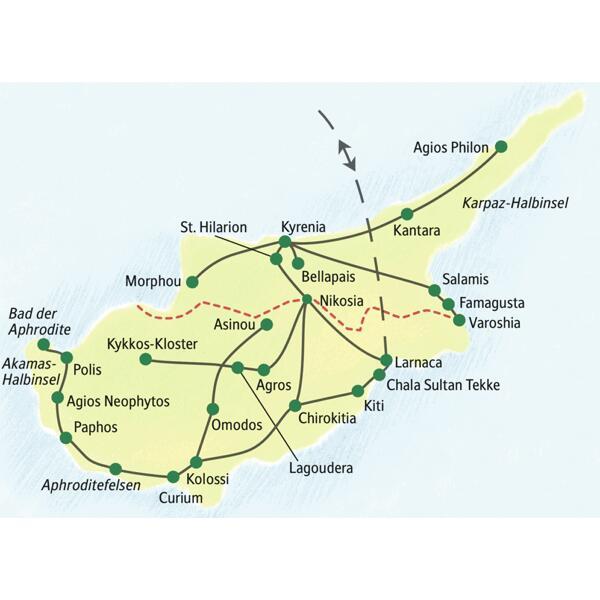 Unsere ausführliche Rundreise über Zypen führt uns sowohl in den nördlichen als auch den südlichen Teil der Insel.