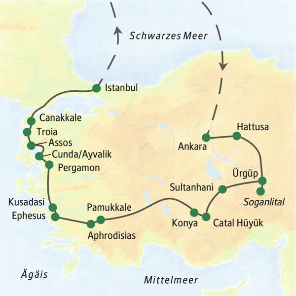 Unsere Reiseroute durch die Türkei startet in Ankara und führt u. a. über Hattusa, Soganlital, Konya, Pamukkale, Ephesus, Kusadasi, Pergamon, Troia und Canakkale nach Istanbul.