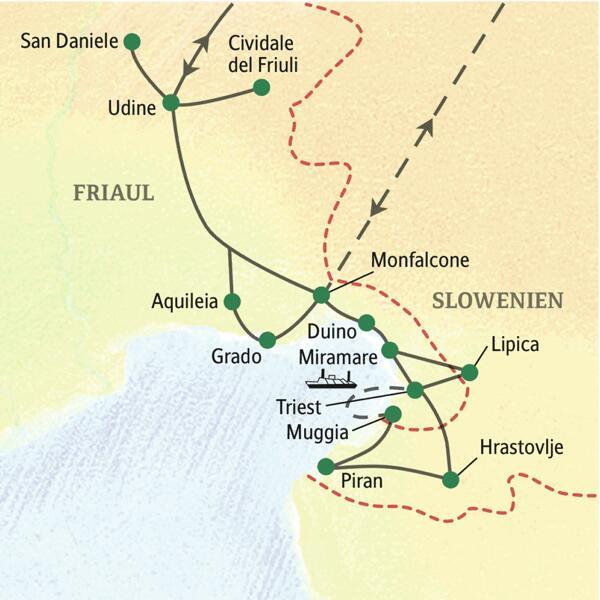 Mit dem Bus oder mit dem Flugzeug geht es zunächst nach Udine ins Friaul, anschließend über Aquileia nach Triest. Ausflüge von dort führen ins slowenische Piran und nach Lipica und zu den Schlössern Duino und Miramare in der Umgebung.