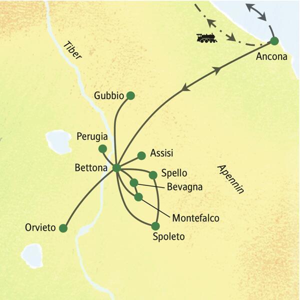 Achttägige Studienreise nach Umbrien mit Übernachtungen in Bettona und Besuchen von Assisi, Perugia, Spoleto, Gubbio, Montefalco, Orvieto und weiteren kleineren Orten.