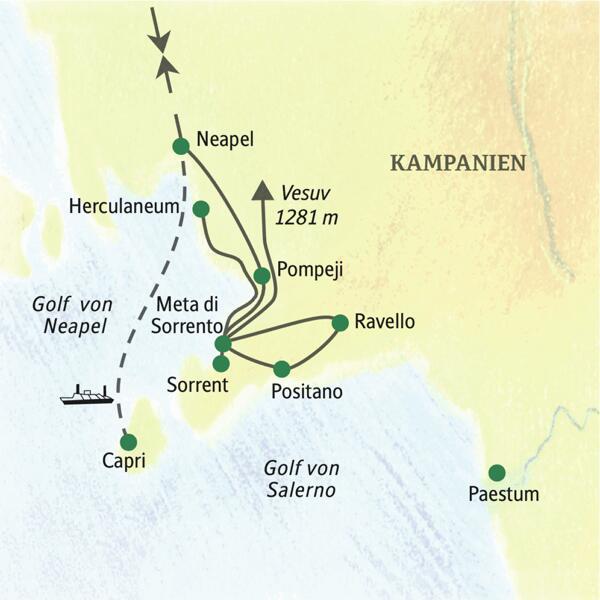 Neuntägige Studienreise mit drei Übernachtungen in Neapel und fünf in Meta di Sorrento direkt an der Steilküste. Besucht werden Herculaneum und Pompeji, der Vesuv, Capri, Positano, Amalfi und Ravello, auf Wunsch auch Paestum.
