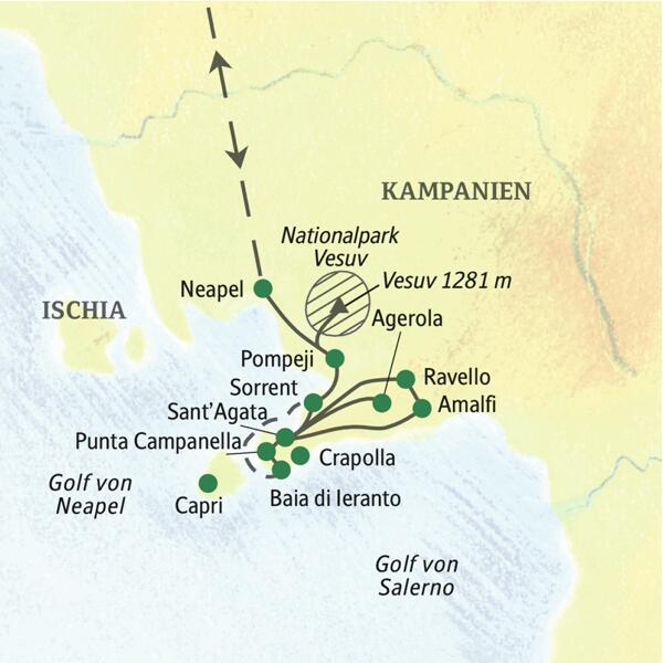 Die Reiseroute unserer Wander-Studienreise hat ihren Ausgangspunkt Sant'Agata oberhalb von Sorrent.Eine Reise ohne Hotelwechsel! Wir wandern unter anderem an der Punta Campanella und auf dem Sentiero degli Dei.