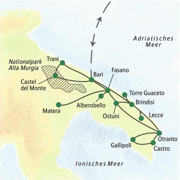 Reisekarte der Wanderreise Apulien – aktiv erleben mit allen wichtigen Orten der Reise, wie z.B. Fasano, Alberobello, Castel del Monte, Trani, Bari, Lecce, Otranto und Gallipoli.