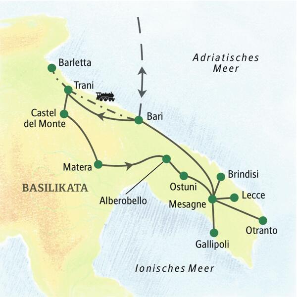 Reisekarte der Studienreise Apulien - umfassend erleben mit den wichtigsten Stationen, wie zum Beispiel Bari, Castel del Monte, Matera, Ostuni, Brindisi, Gallipoli, Lecce und Otranto.