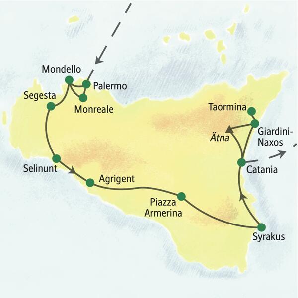 Unsere Reiseroute der Studienreise nach Sizilien führt von Palermo über Monreale, Selinunt, Agrigent, Syrakus, Taormina bis nach Catania.