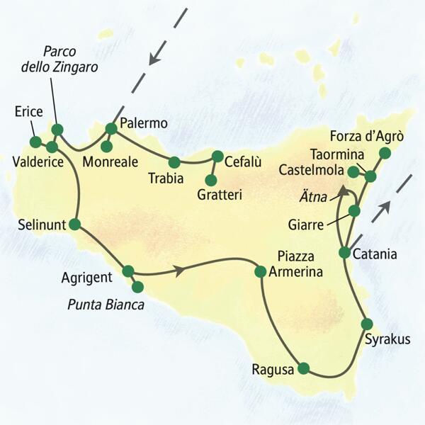 Unsere Reiseroute durch Sizilien startet in Palermo und führt über Valderice, Selinunt, Agrigent und Syrakus bis nach Catania. Wir wandern auch am Ätna und durch die Berge bei Forza d'Agrò.