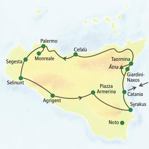 Unsere Reiseroute durch Sizilien startet in Catania und führt über Cefalù, Palermo, Segesta, Selinunt, Agrigent und Syrakus zurück zum Ausgangspunkt. Auch zum Ätna und nach Taormina bringt uns unsere Studienreise mit Muße.
