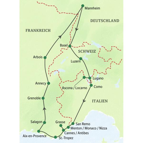 Auf der 15-tägigen Reise im besonders bequemen Studiosus-Komfortbus erleben Sie mit dem Vierwaldstätter See, dem Luganer See, dem Lago Maggiore und dem Lac d'Annecy einige der schönsten Alpenseen, dazu die Highlights der Cote d'Azur und das besondere Flair von Aix-en-Provence.