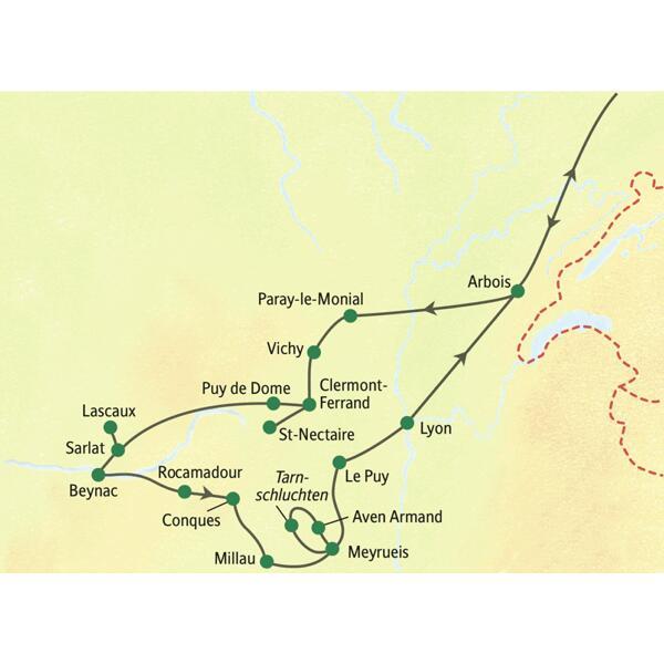 Während unserer Busreise in die Auvergne und in die Feinschmeckerregion des Périgords besuchen wir spektakuläre Landschaften wie den Puy de Dome, grandiose Höhlen wie Lascaux II oder Aven Armand und pittoreske Städte wie Sarlat und Rocamadour.