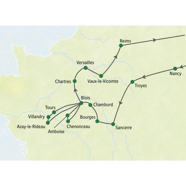 Unsere Reiseroute durch die Loire und die Ile-de-France startet in Nancy und führt uns nach Troyes, Sancerre, Bourges, Chambord, Blois, Tours, Chartres, Versailles und Reims. Auch das Schloss Vaux-le-Vicomte liegt auf der Strecke unserer Studienreise.