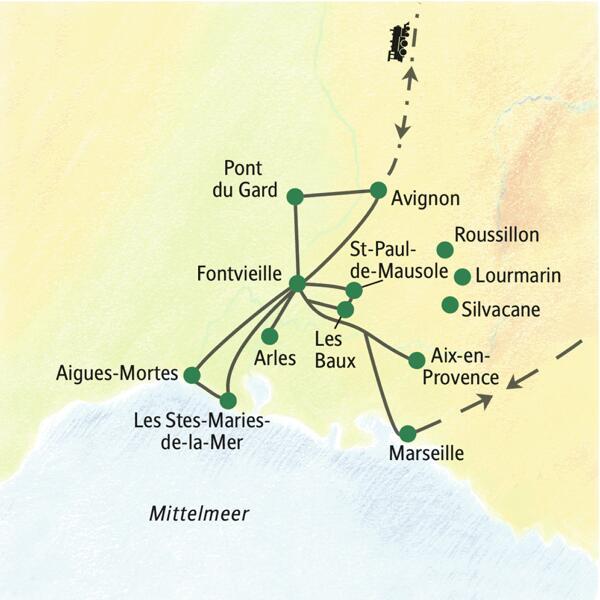 Auf dieser Studienreise wohnen wir in einem schönen Landhotel am Fuße der Alpilles – die Höhepunkte der Provence sind von hier aus gut zu erreichen. Sie besuchen u.a. die Camargue, Aix-en-Provence, Arles und Les Stes-Maries-de-la-Mer.